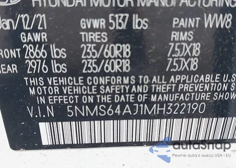 2021 Hyundai Santa Fe Sel z USA, uszkodzony, nr VIN 5NMS64AJ1MH322190